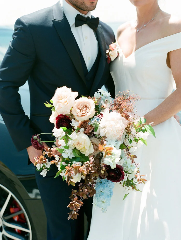 Wedding bride groom bridal bouquet blush maroon blue peonies roses.jpg