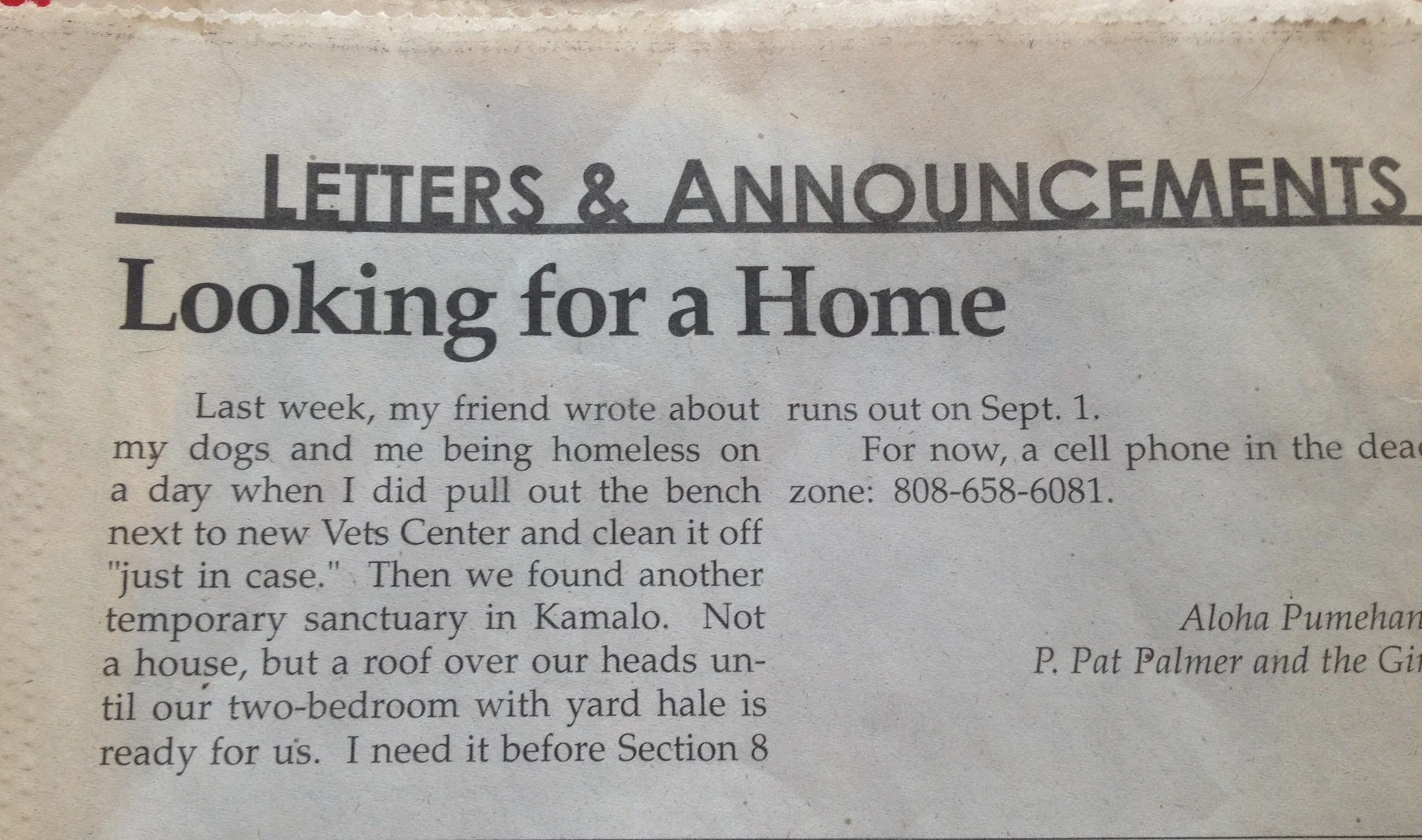 The article Pat published in the local paper.