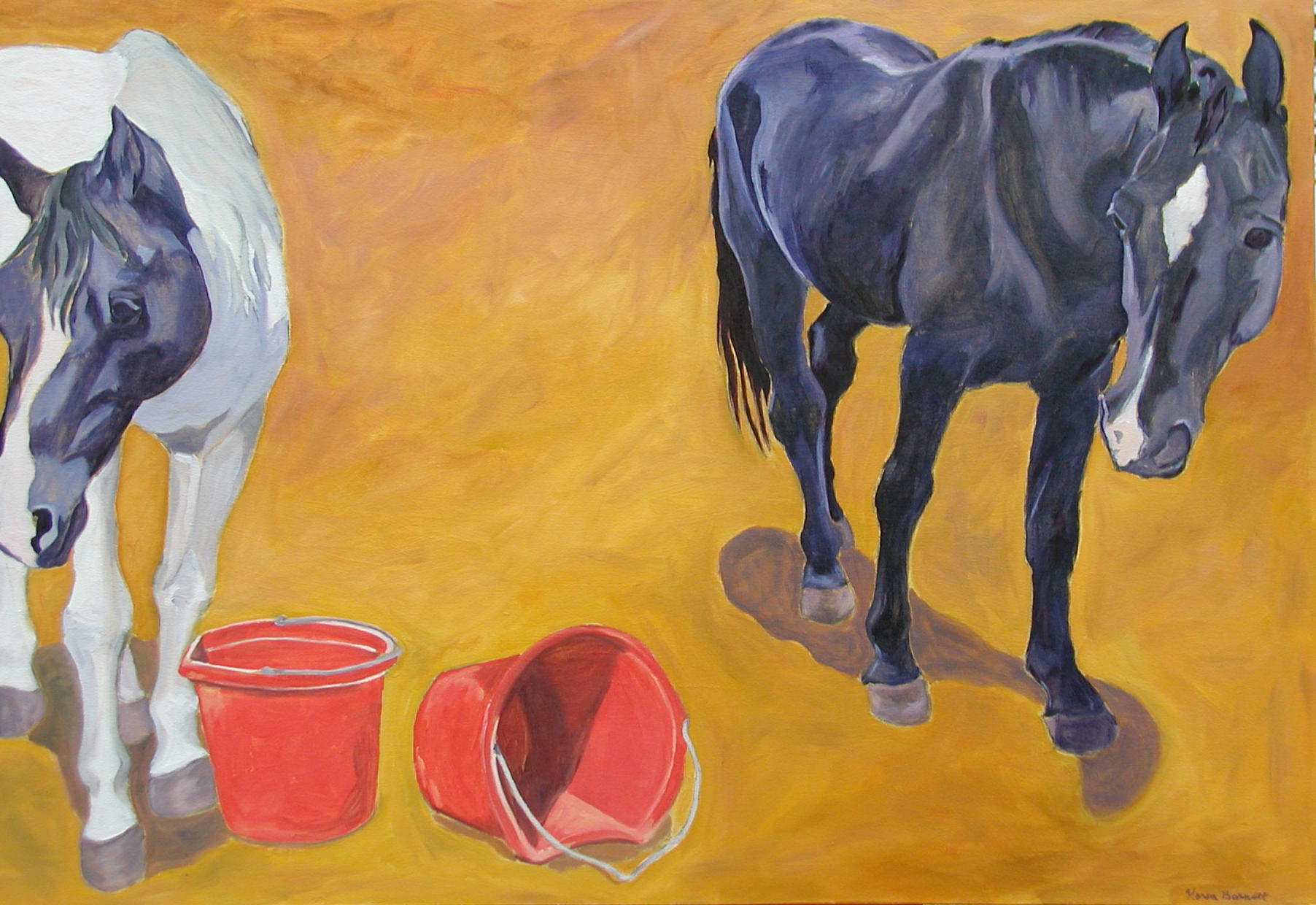 Horses with Red Buckets