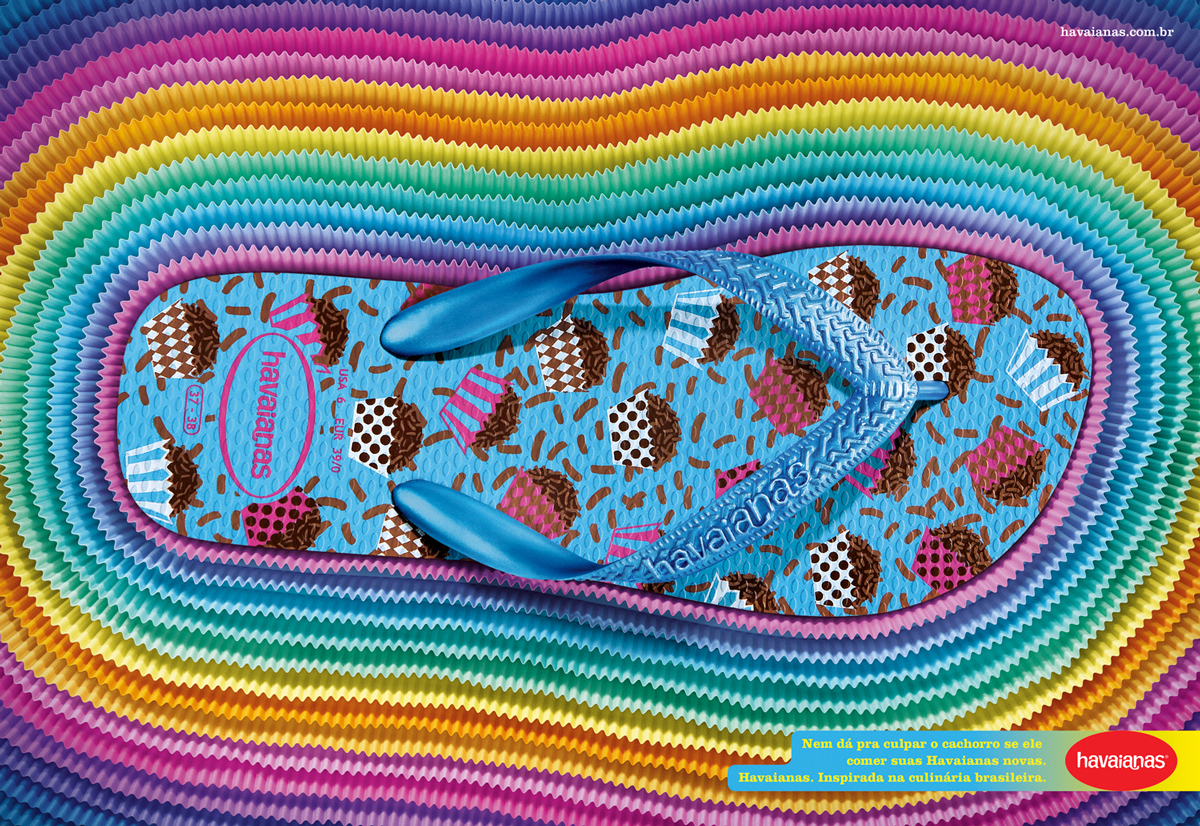   "You can't really blame your dog for eating your new pair of Havaianas. Havaianas - Inspired by Brazilian cuisine."  