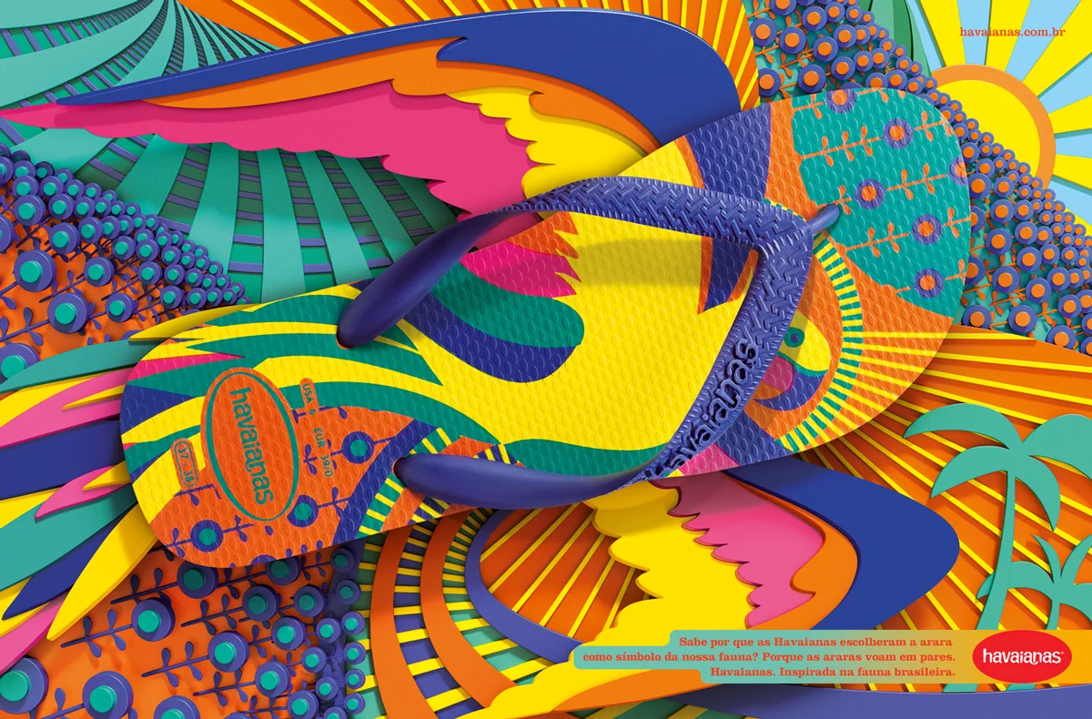  "Do you know why Havaianas has chosen a macaw as a symbol of the Brazilian fauna? It's because macaws fly in pairs. Havaianas - Inspired by Brazilian fauna."  