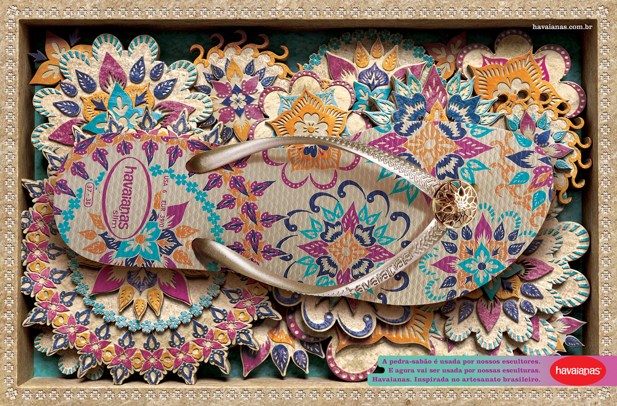   "Soap-stones are used by our sculptors. And now they will be used by our sculptures. Havaianas - Inspired by Brazilian handicrafts."  