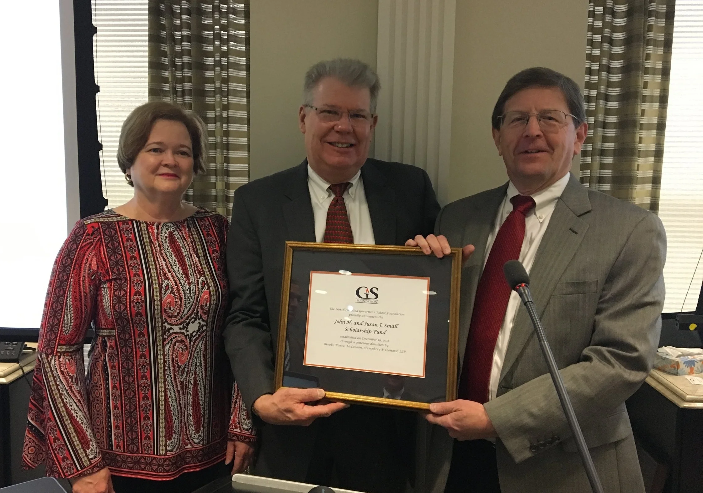 From Left to Right: Susan Small, John Small and Scott Gayle (past president of the NC Governor's School Foundation).