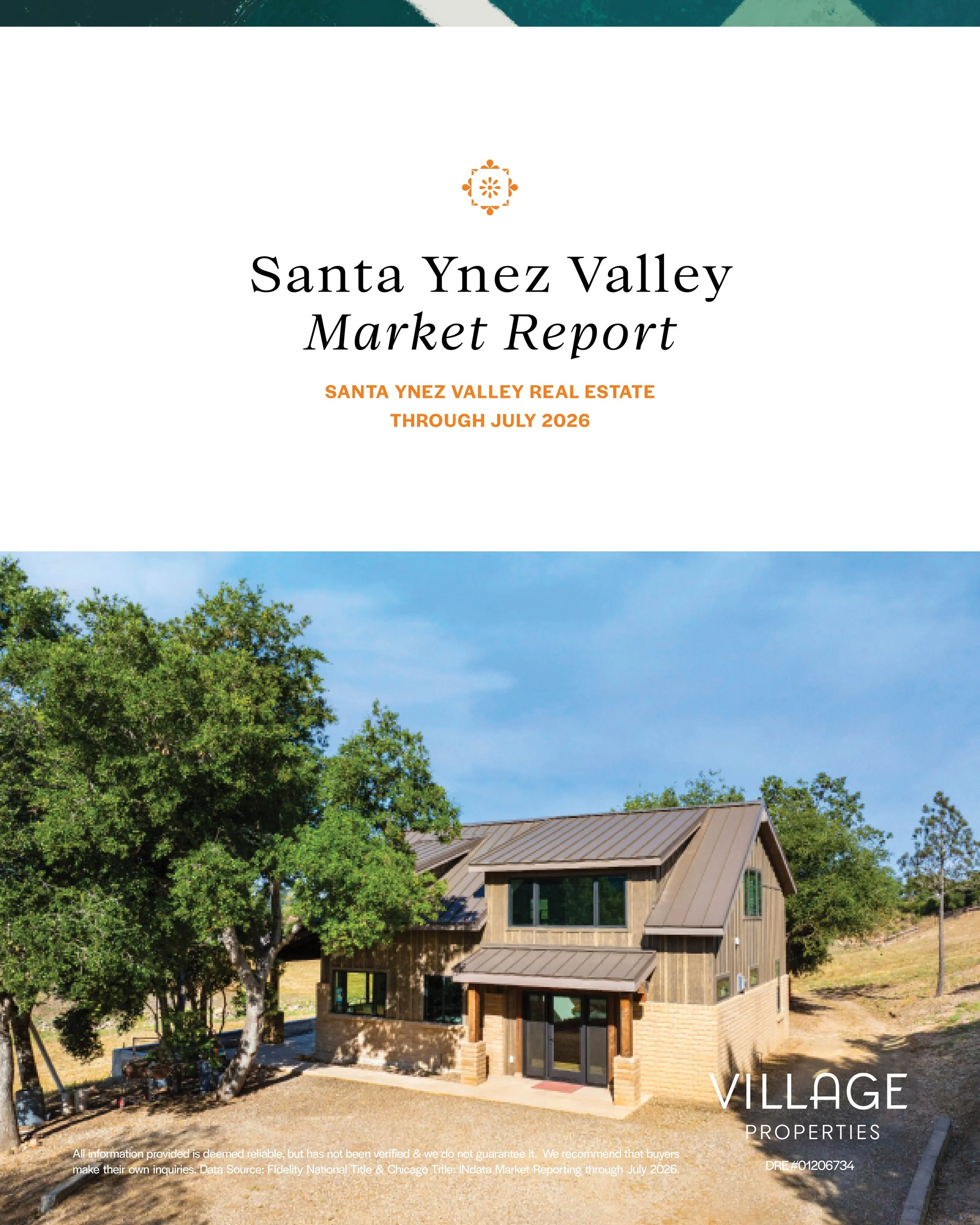 A modern house with large windows and a metal roof, surrounded by trees, under a blue sky. The image includes a branding overlay for Village Properties and market report information.