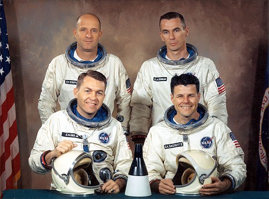 Gemini 9 original prime crew (front, L-R) Elliott See, Charles Bassett; and backup crew (back, L-R) Tom Stafford, Gene Cernan