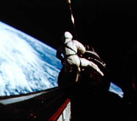 Richard Gordon straddling the Agena probe. Photo credit: NASA/Pete Conrad