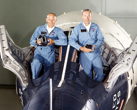 Buzz Aldrin (L) and Jim Lovell (R) sit in a Gemini capsule prior to their mission. Photo credit: NASA