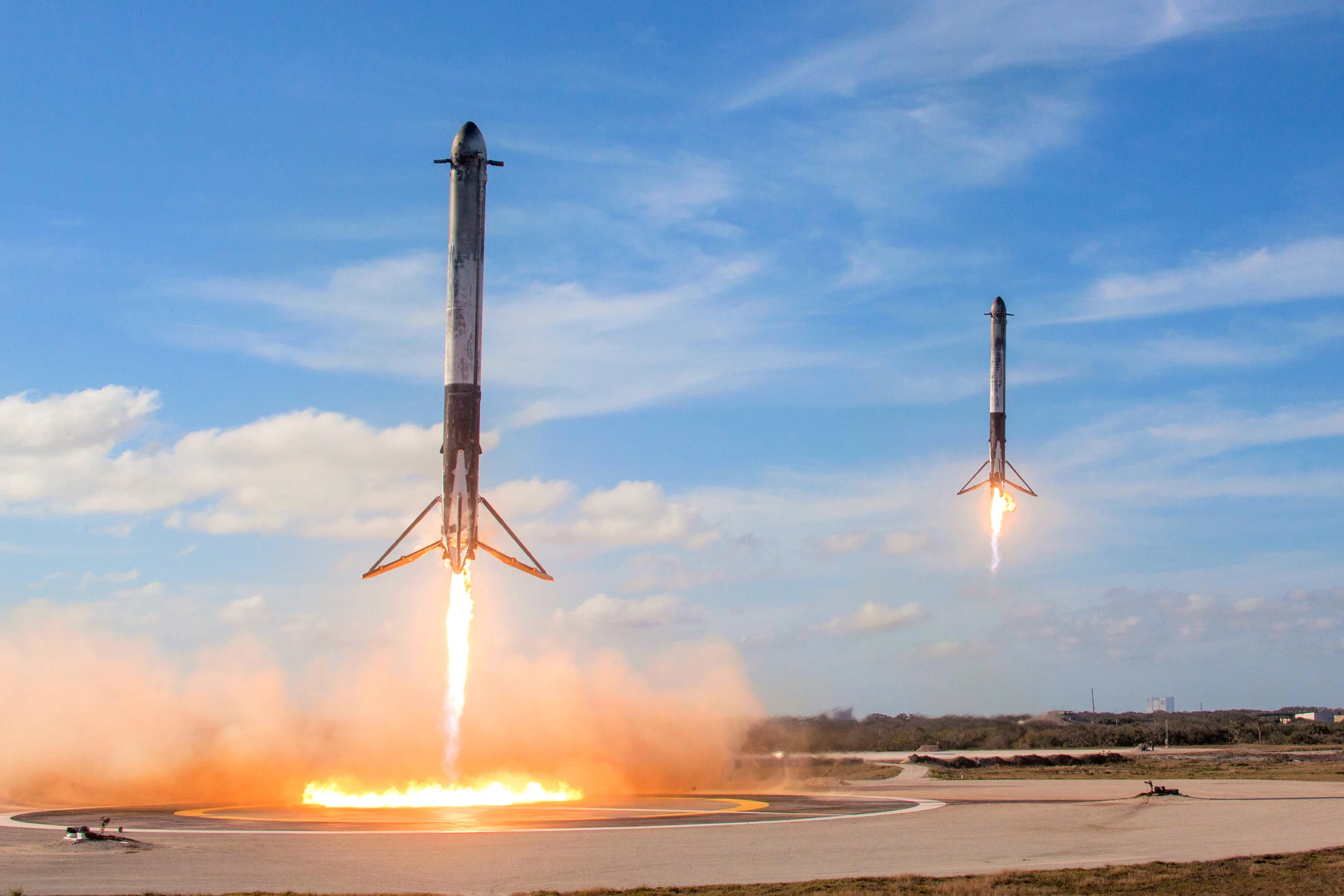 Falcon Heavy side boosters above Landing Zones 1 and 2, February 2018. Photo credit: SpaceX