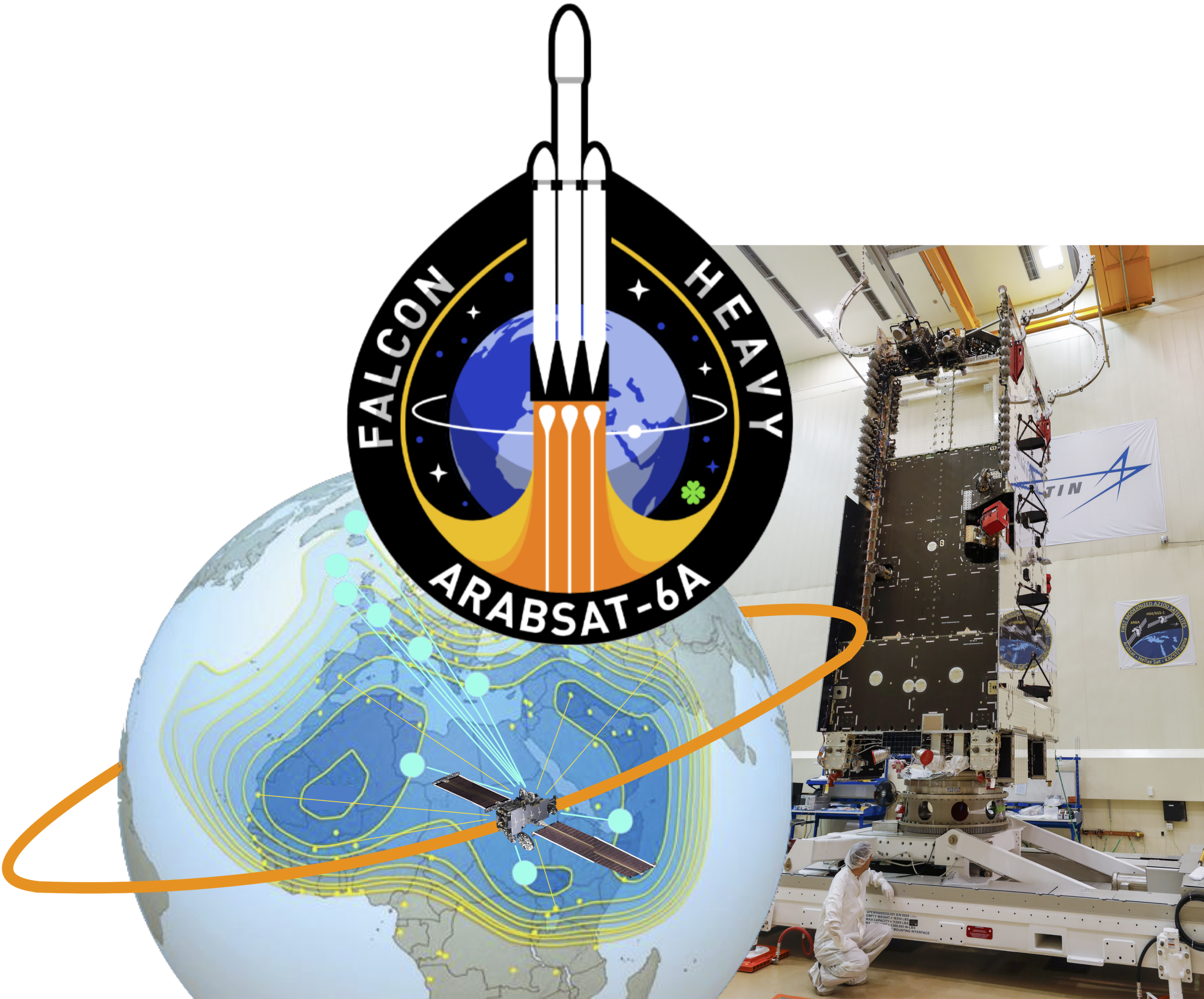 SpaceX Patch and Arabsat-6A satellite being prepared in a Lockheed Martin clean room. Image credit: Lockheed Martin, SpaceX, and Arabsat.