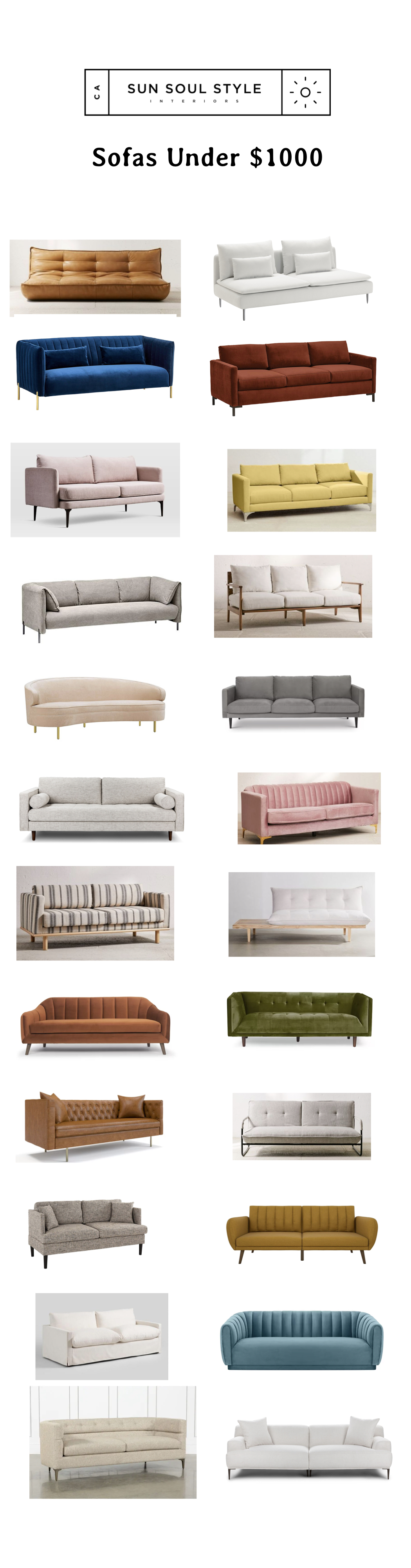 From top, left to right: Greta Recycled XL Sofa via Urban Outftters $879 // SÖDERHAMN sofa via IKEA $599 // Rivet Frederick Velvet Sofa via Amazon $899 // Rivet Edgewest Modern Sofa via Amazon $899 // Auburn Sofa via West Elm $69 9 // Chamberlain Sofa via Urban Outfitters $898 // R ivet Cyprus Sofa via Amazon $899 // Peyton Sofa via Urban Outfitters $898 // Velvet Upholstered Curved Sofa via Amazon $937.85 // Lacey Sofa via All Modern $799 // Sven Sofa $999 via Article // Marcella Velvet Sofa via Urban Outfitters $799 // Quinn Striped Sofa Via Urban Outfitters $799 // Reid Side Table Convertible Sofa via Urban Outfitters $749 // Velvet Sofa via AllModern $773 // Ferrao Chesterfield Sofa via AllModern $639.99 // Middleborough Sofa via AllModern $739.99 // H ayes Sofa $599 via Urban Outfitters // Modern Upholstered Loveseat Couch via Amazon $249.99 // Brittany Futon via Amazon $279.99 // I vory Feather Filled Brynn Sofa via World Market $899.99 // Alexus Sofa via All Modern $969.99 // Matteo Estate Sofa via Living Spaces $895 // Abisko Frost White Sofa via Article $899