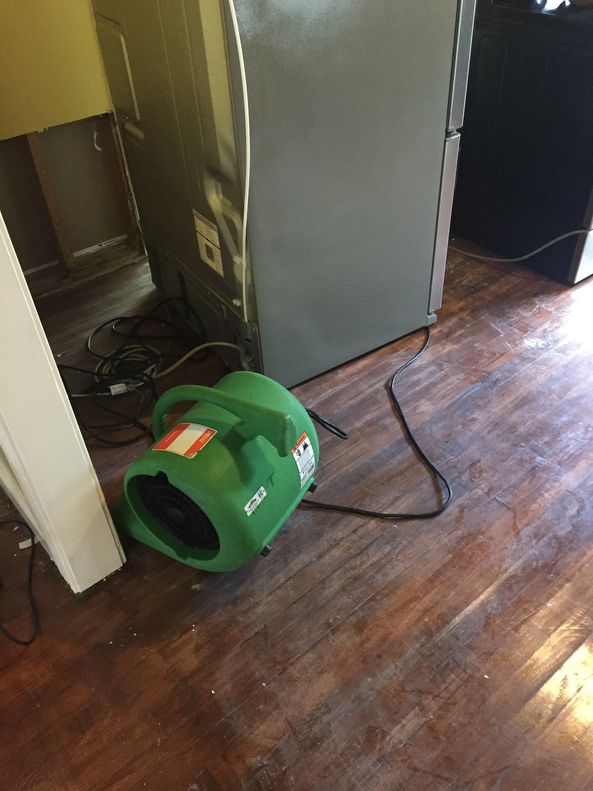 Floors pre-removal, walls behind the refrigerator