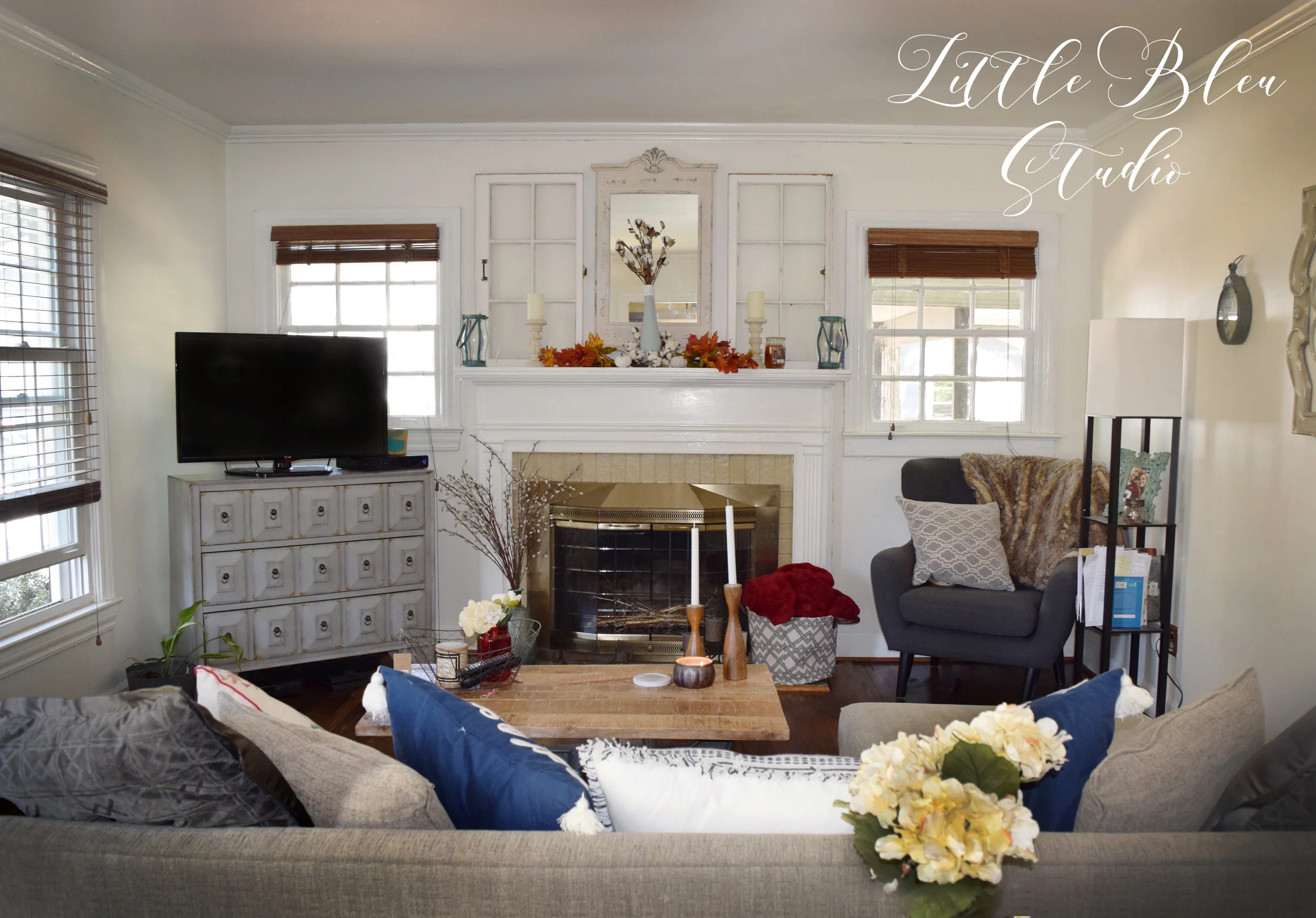 A wider show of my living room! I finally got around to adding some cotton and fall florals to my mantle– I love how cozy it feels!