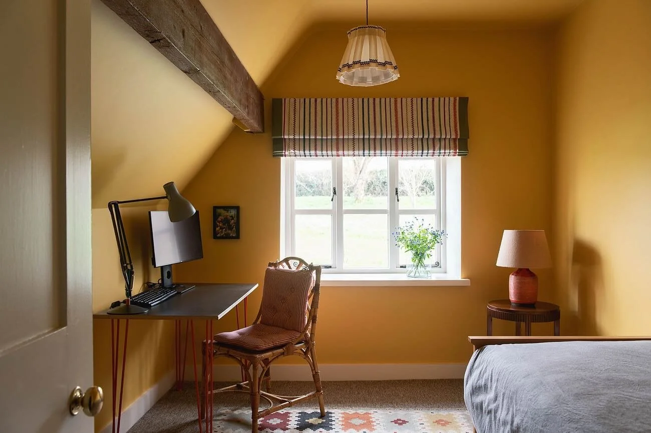 How we transformed this spare room into a cosy, contemporary study👇 (swipe for the before) 

⚡️Bold Colour
Being bold with colour gives the room a strong presence. Psychologically associated with creativity and optimism, this bright sunny shade radi