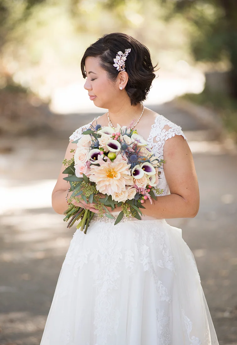 Such soft light and colors, totally fitting for her very demure & wonderfully sweet personality :) .Bouquet by: Fanny's Flowers