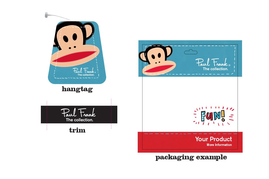  I scanned PF vinyl handbags to get the blue and red texture for "Paul Frank The Collection".&nbsp;The illustration of Julius also had stitching to evoke a high-end feel and provide distinction from the other packaging programs.&nbsp;I contrasted thi