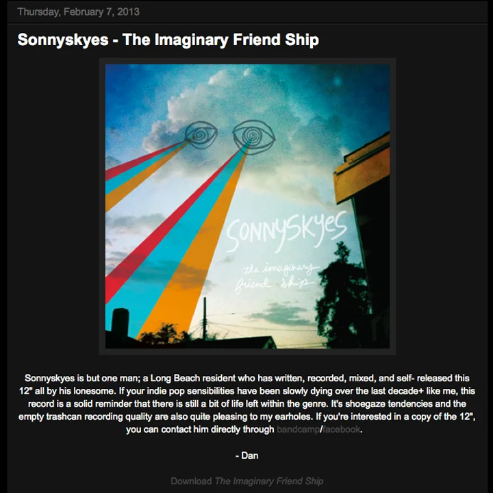  Review: ongakubaka.com    http://www.ongakubaka.com/2013/02/sonnyskyes-imaginary-friend-ship.html?spref=bl  