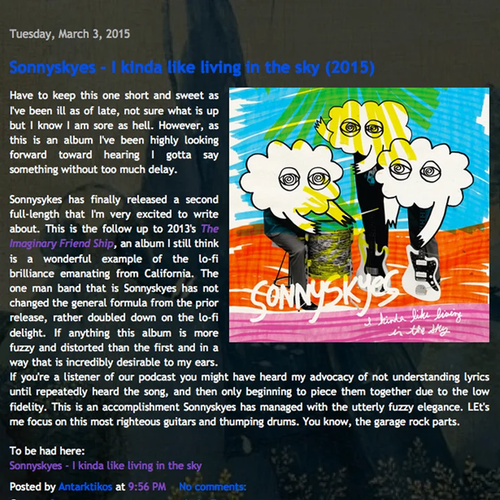  review: spacerockmountain.com   http://spacerockmountain.blogspot.com/2015/03/sonnyskyes-i-kinda-like-living-in-sky.html  