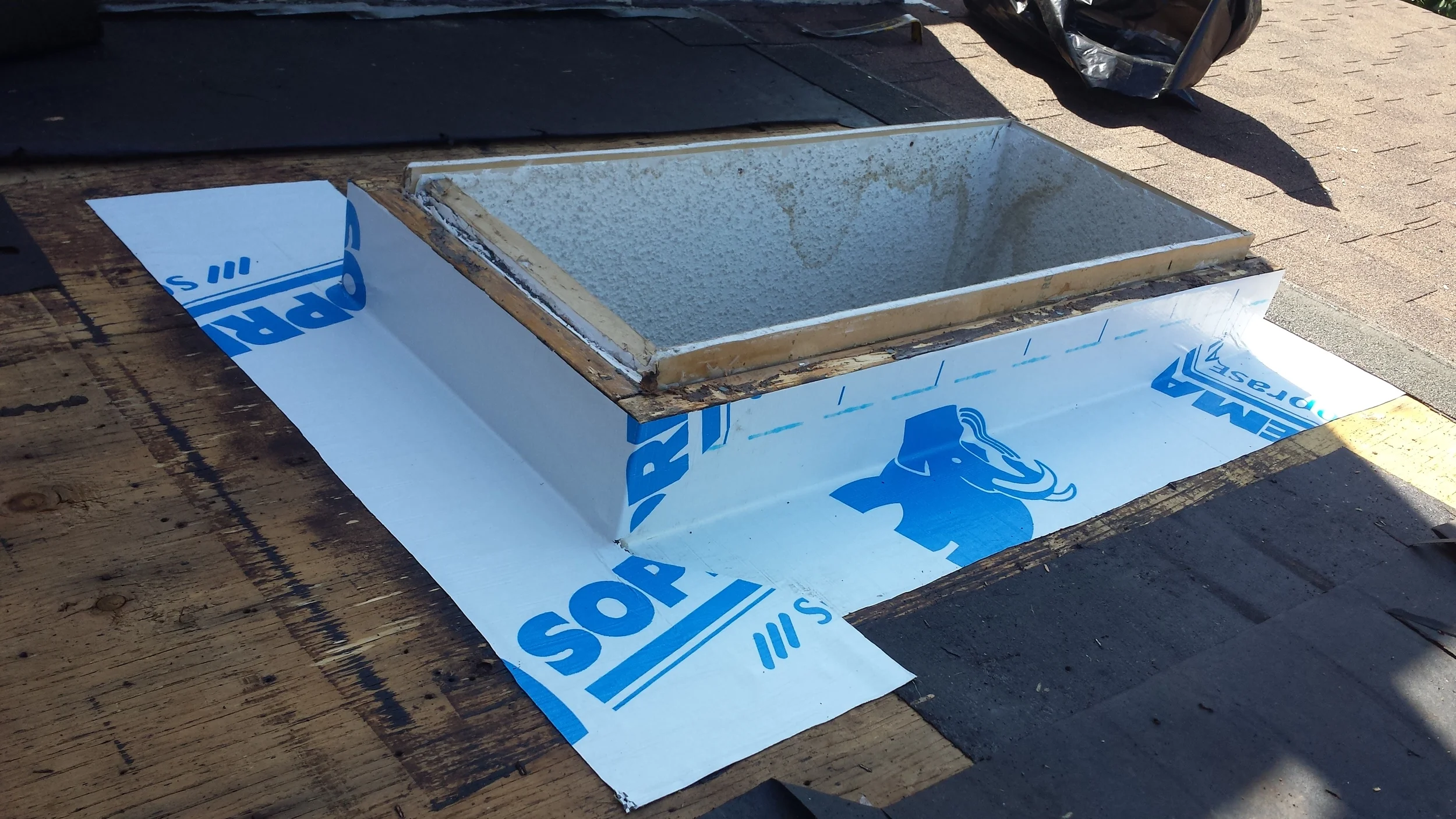  Membrane installed on a skylight that had no membrane and was leaking from under the roofing. 