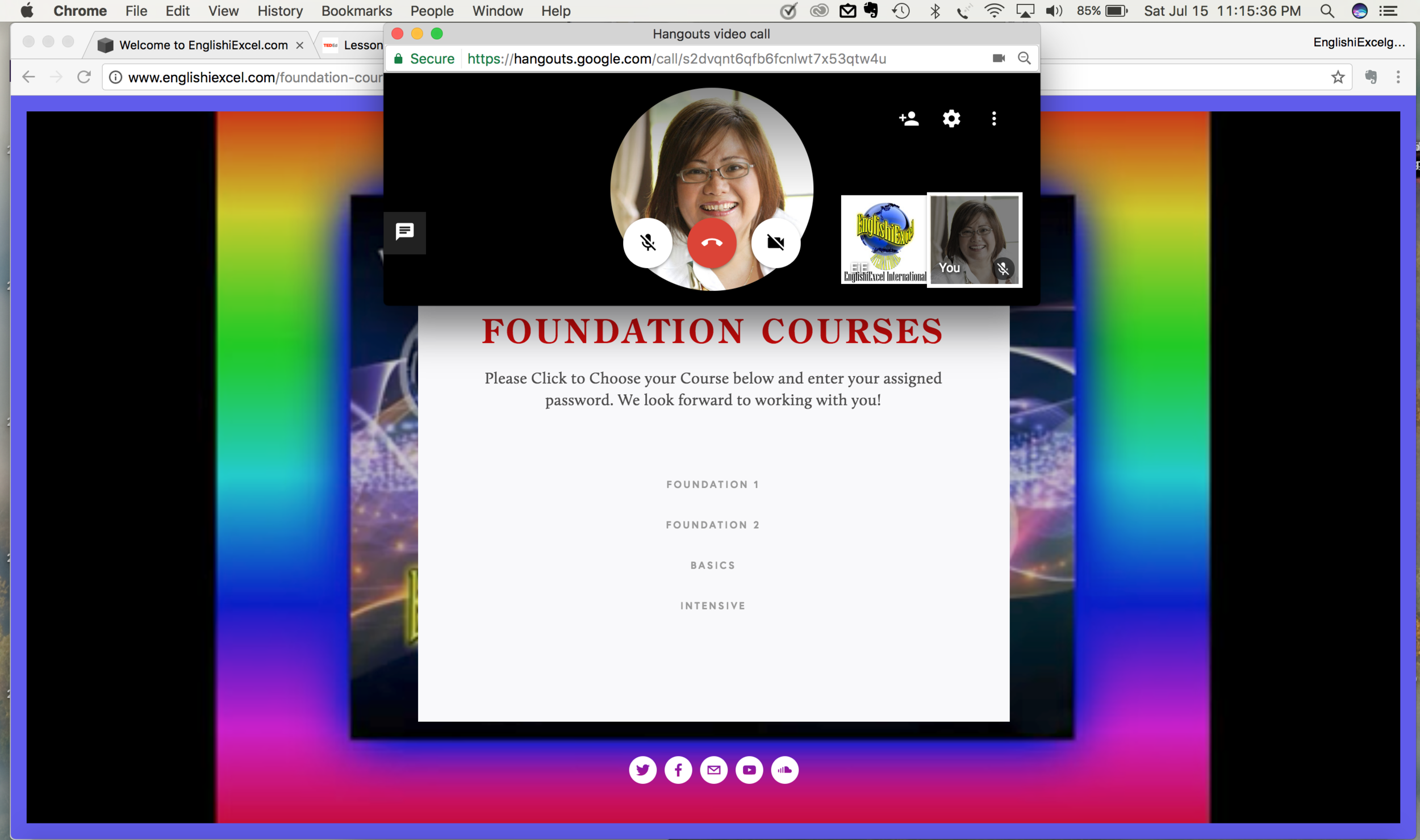 screenshot of hangouts video ichat window re-sized & arranged above chrome browser open on englishiexcel..com assignment page.