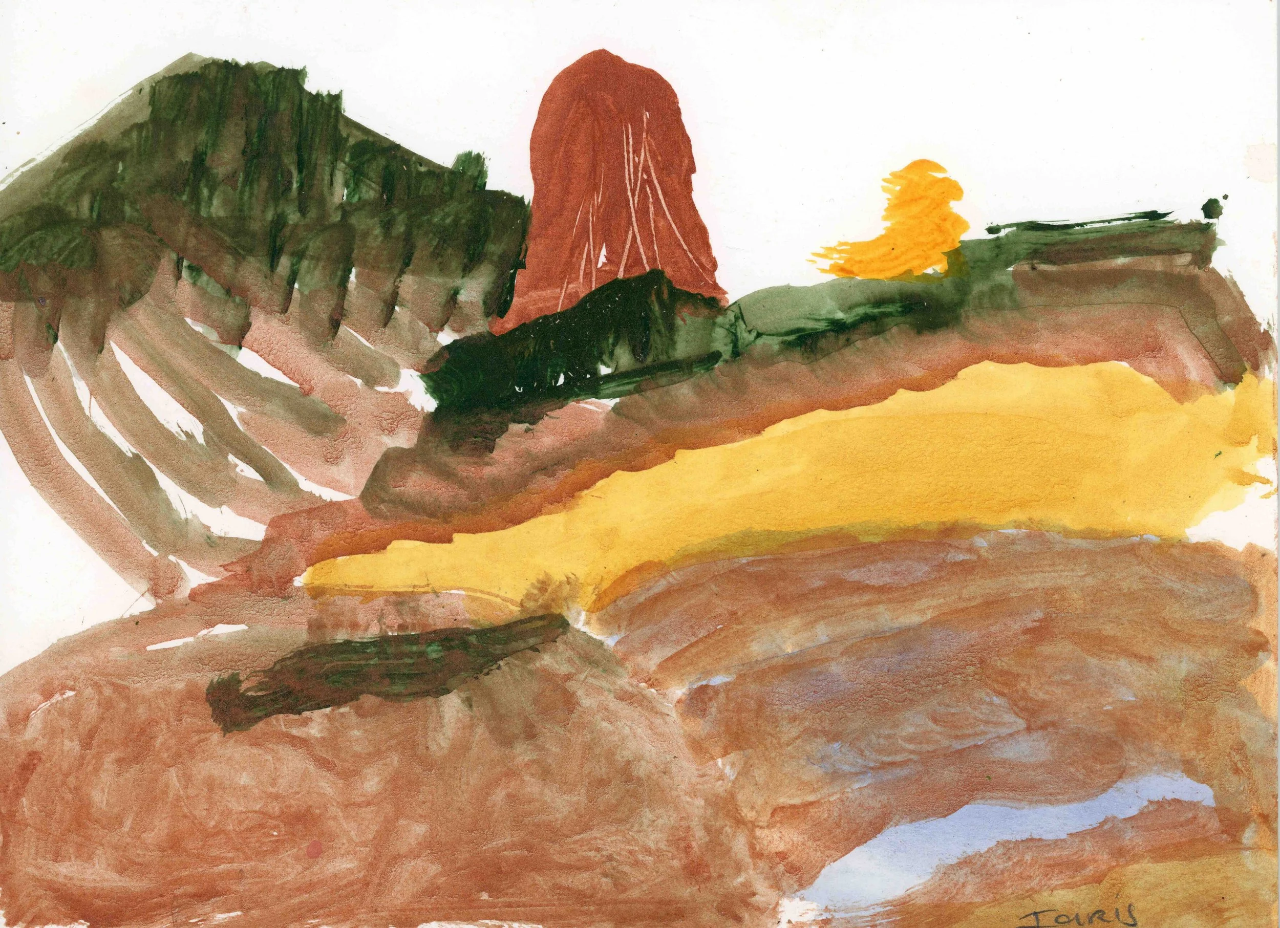 White Ant Nests, Distant Hills, Yellow Tree , 2022, acrylic on paper, 21 x 30cm