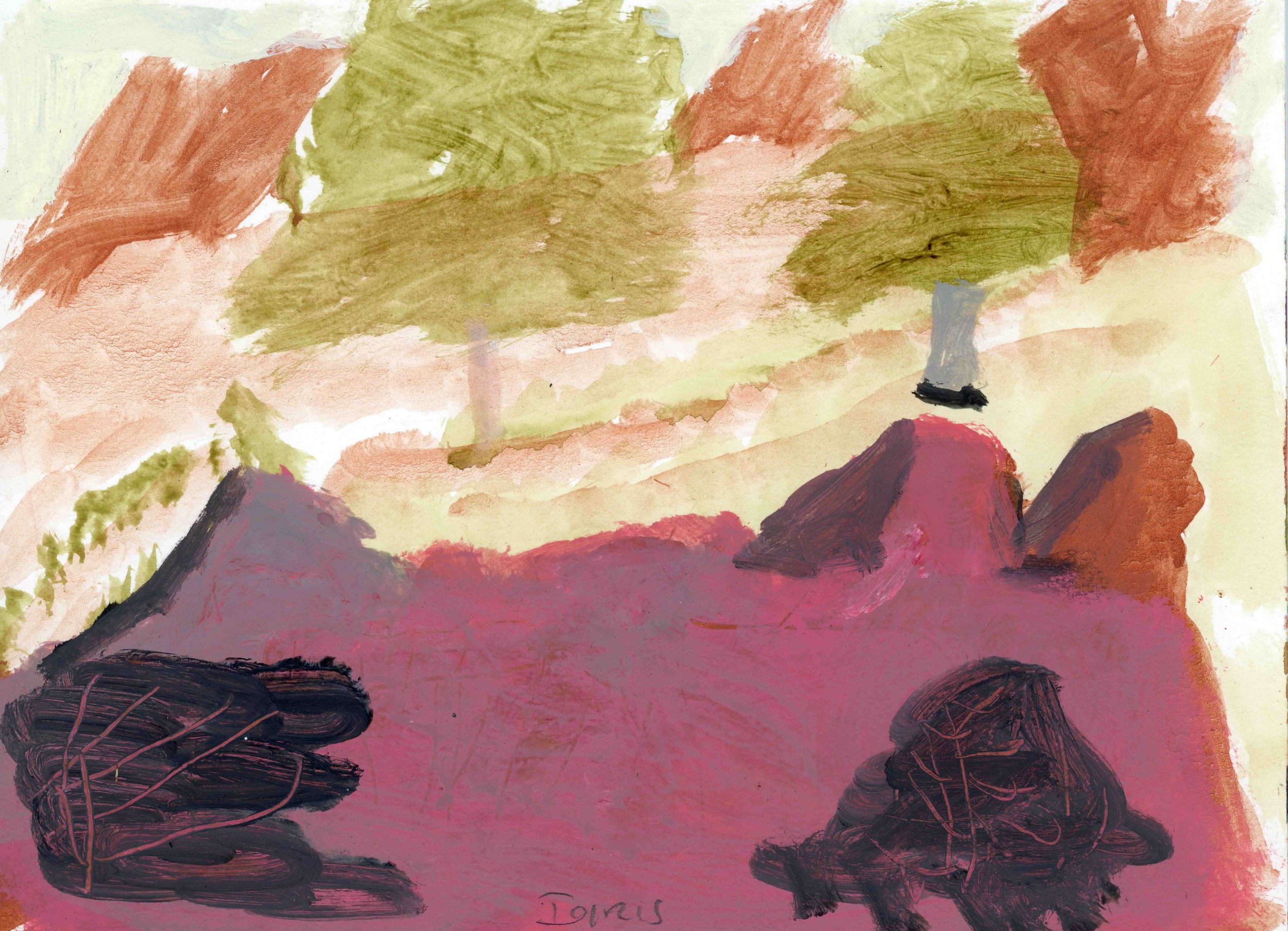 Native Pines and Riverbed, 2022, acrylic on paper, 21 x 30 cm