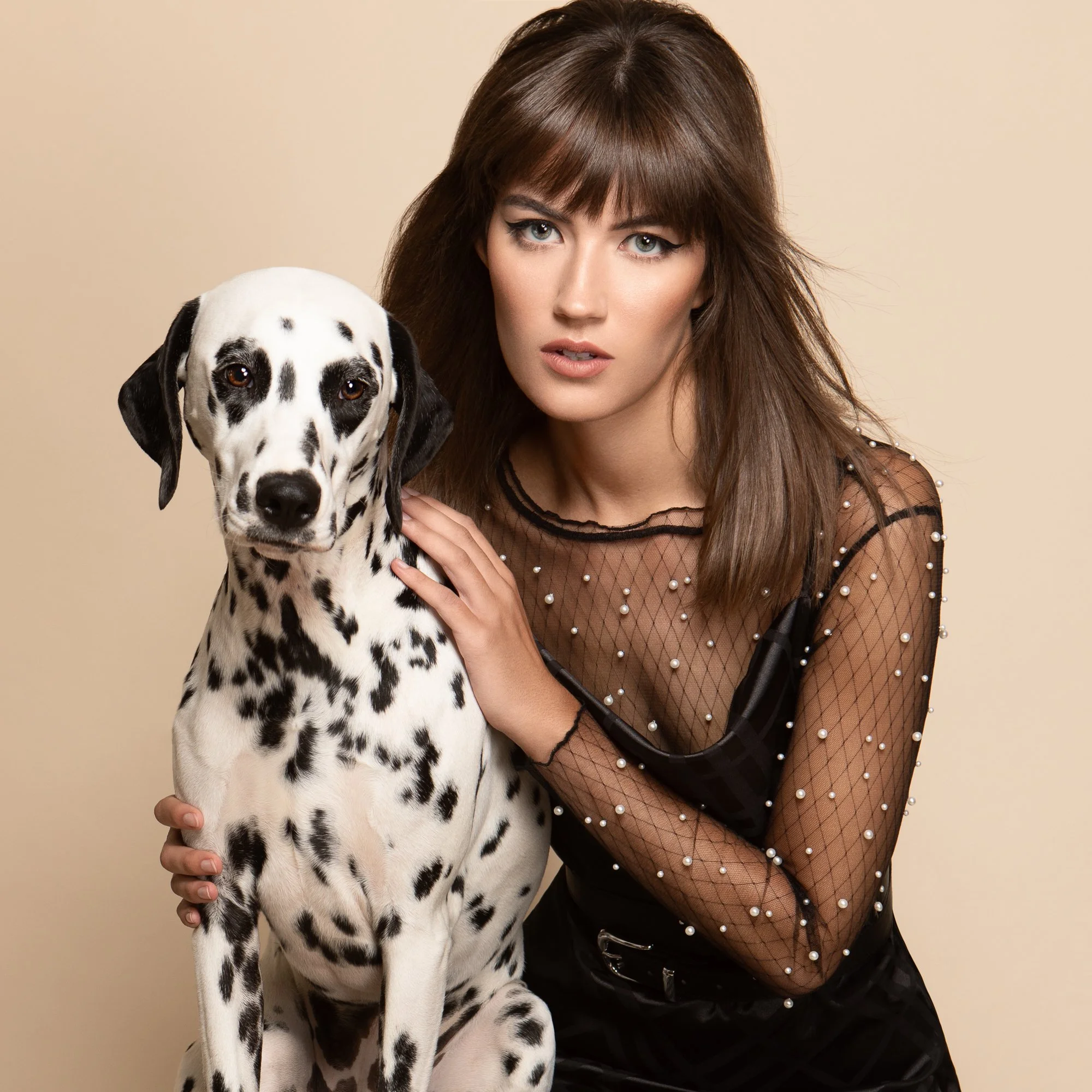 Close up portrait of Pittsburgh model with Dalmatian dog