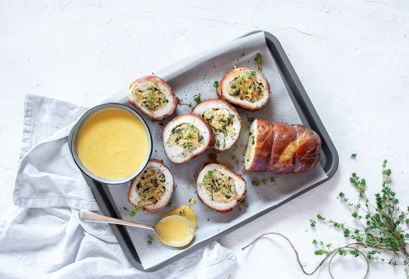 CHICKEN + PROSCIUTTO ROULADE WITH SWEET CORN PUREE