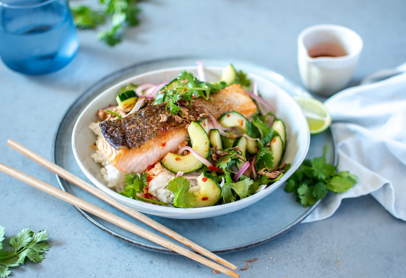 Crispy Skin Salmon with Coconut Rice + Cucumber Salad | Recipe, food styling + photography by Georgia Barnes