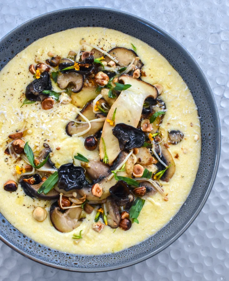 CREAMY POLENTA WITH MUSHROOMS, HAZELNUT + POLENTA