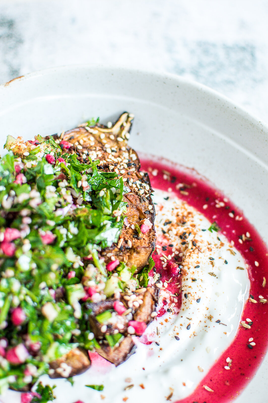 SPICE ROASTED EGGPLANT WITH POMEGRANATE TABOULEH