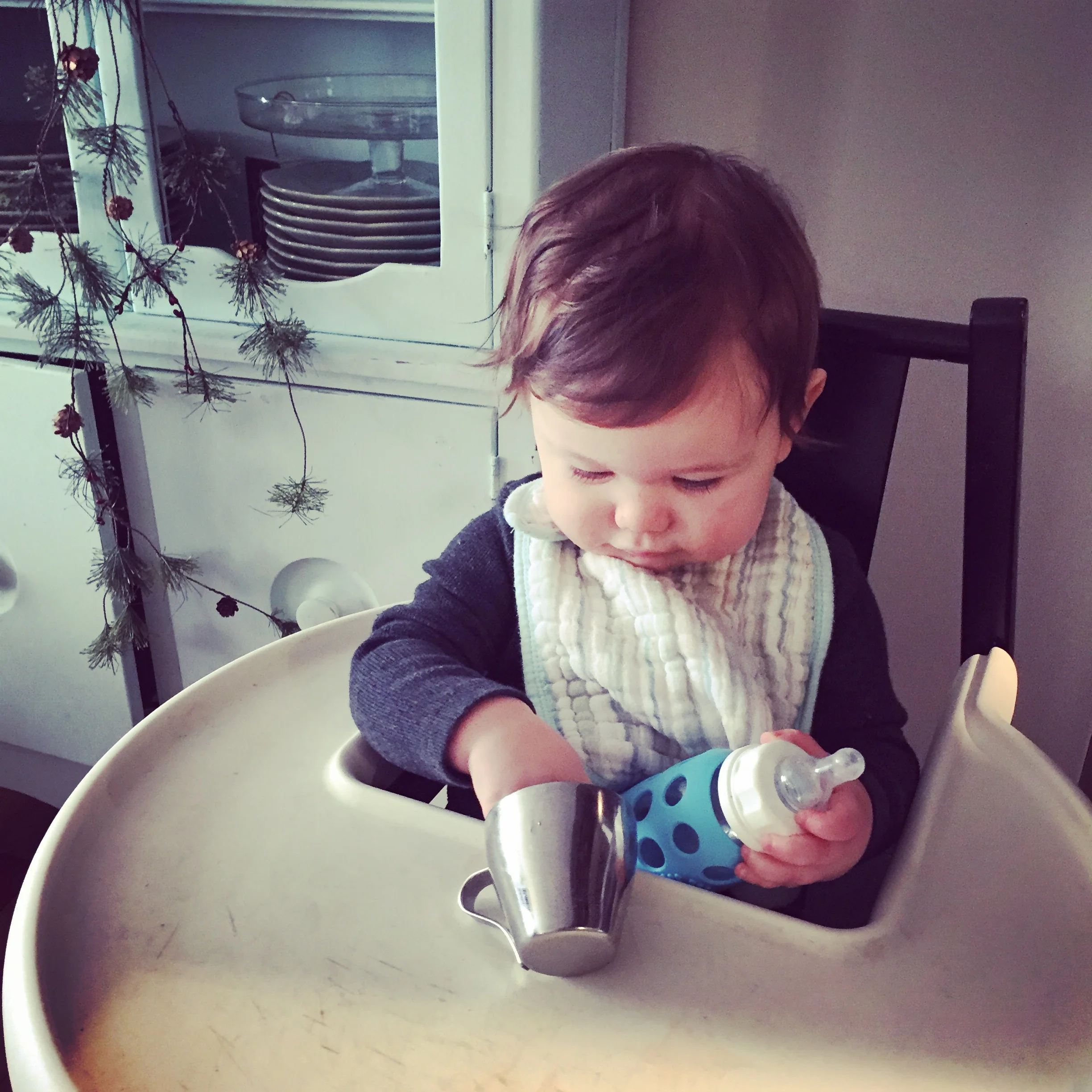 He also started drinking more water the last few months (they say not to give them water before six months) and he loves sipping on the last bit of mama's Ningxia Red!