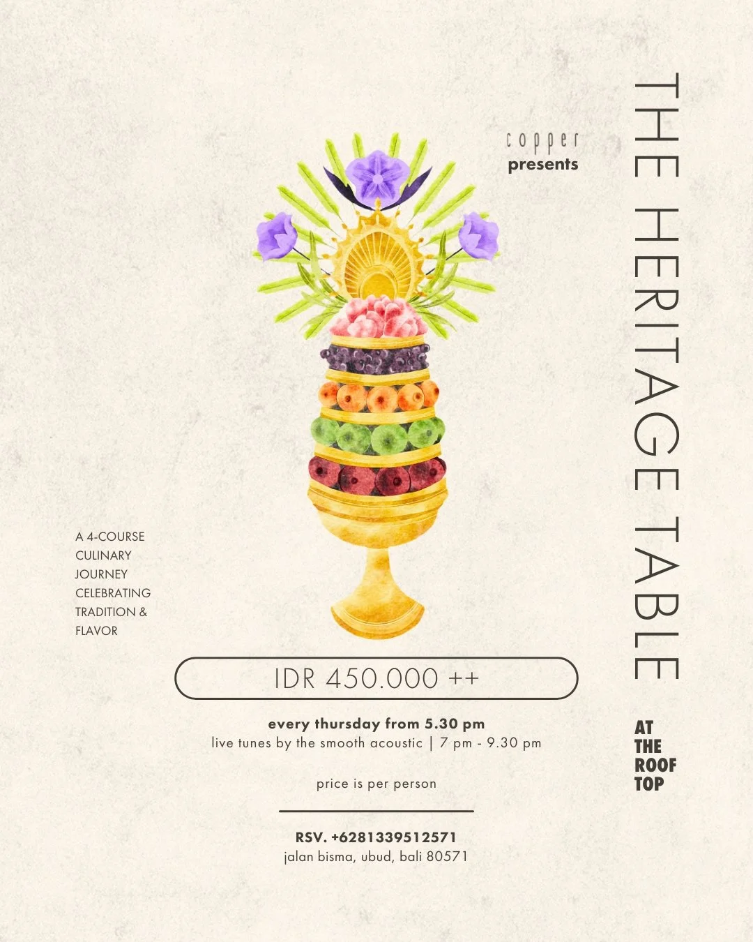 An evening where every flavor tells a story. ✨ The Heritage Table brings you 4 courses inspired by Indonesia&rsquo;s culinary traditions, from slow-braised Beef Rendang to sweet Pie Susu. Join us every Thursday, starting 2 October | 5.30 PM onwards |