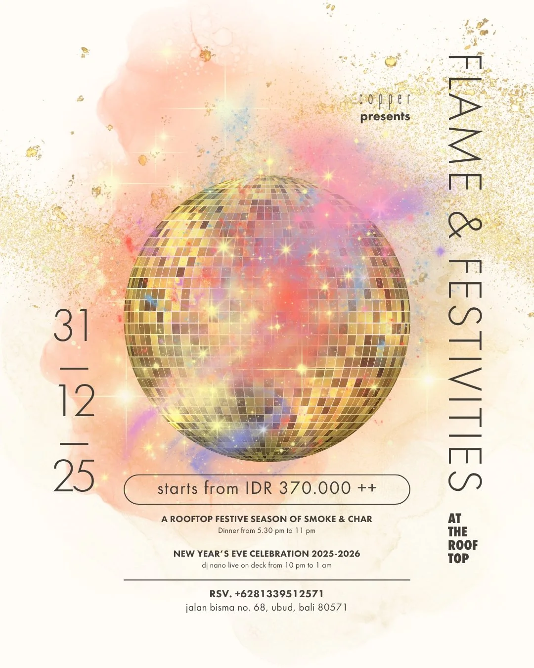 Smoke, fire, and rooftop nights. 🔥✨ Flame &amp; Festivities takes over Copper &mdash; live BBQ dinners, premium cuts, lobster, lamb, barramundi, and veggie favorites, all leading up to an unforgettable New Year&rsquo;s Eve. Dance into 2026 with DJ N