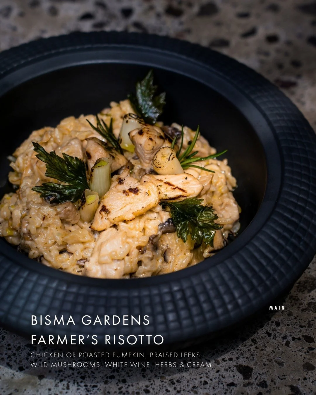 Comfort, done right. Farmers&rsquo; risotto with braised leeks, wild mushrooms, and herbs &mdash; with your choice of chicken or roasted pumpkin. 🌿

BISMA GARDENS FARMERS' RISOTTO
chicken or roasted pumpkin, braised leeks, wild mushrooms, white wine