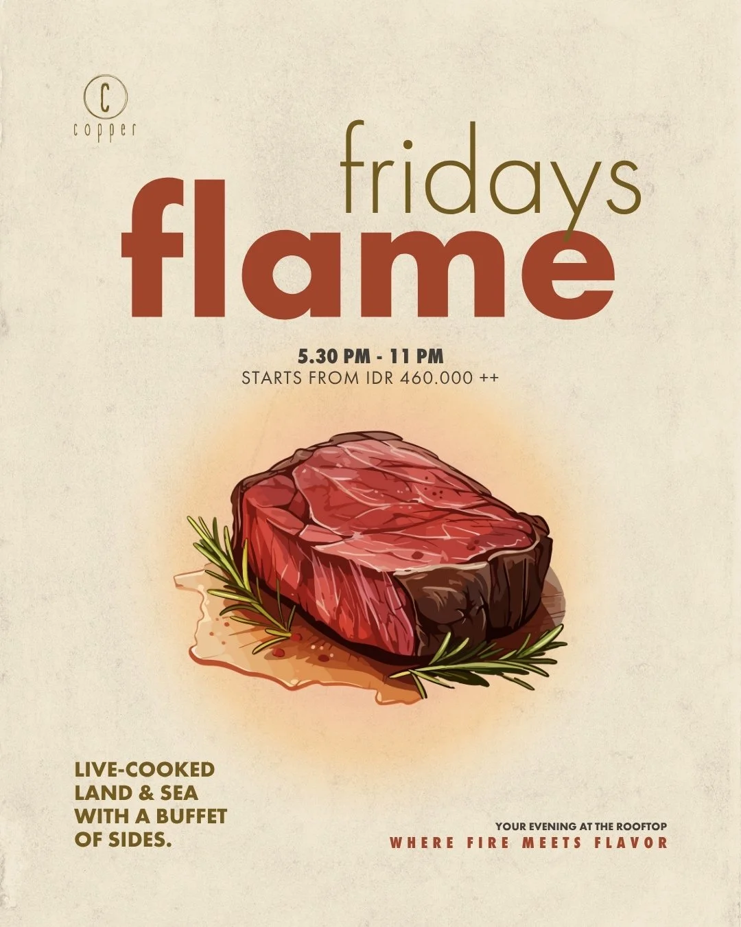 seafood and steak grilled at copper ubud rooftop