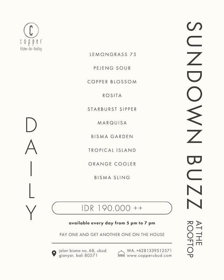 Menu listing daily specials at Copper Bud, a rooftop bar and kitchen in Bali, including drinks and their prices, available from 5 pm to 7 pm.