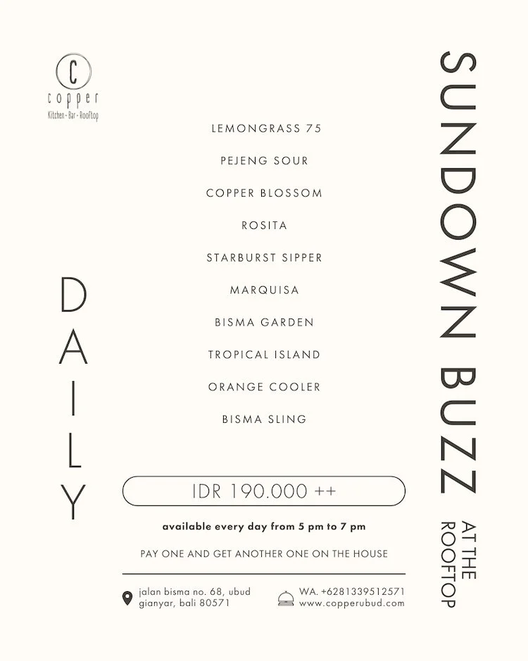 Menu listing daily specials at Copper Bud, a rooftop bar and kitchen in Bali, including drinks and their prices, available from 5 pm to 7 pm.
