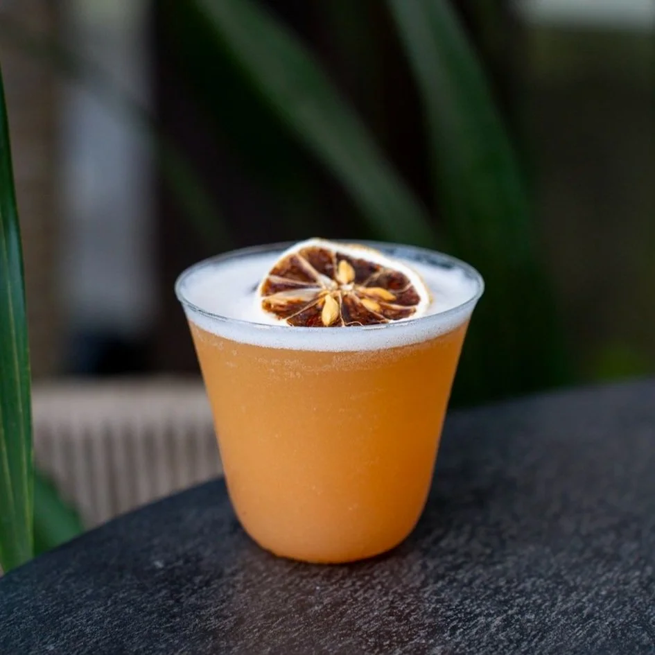 A glass filled with a frothy, orange-colored cocktail garnished with a dried citrus slice.