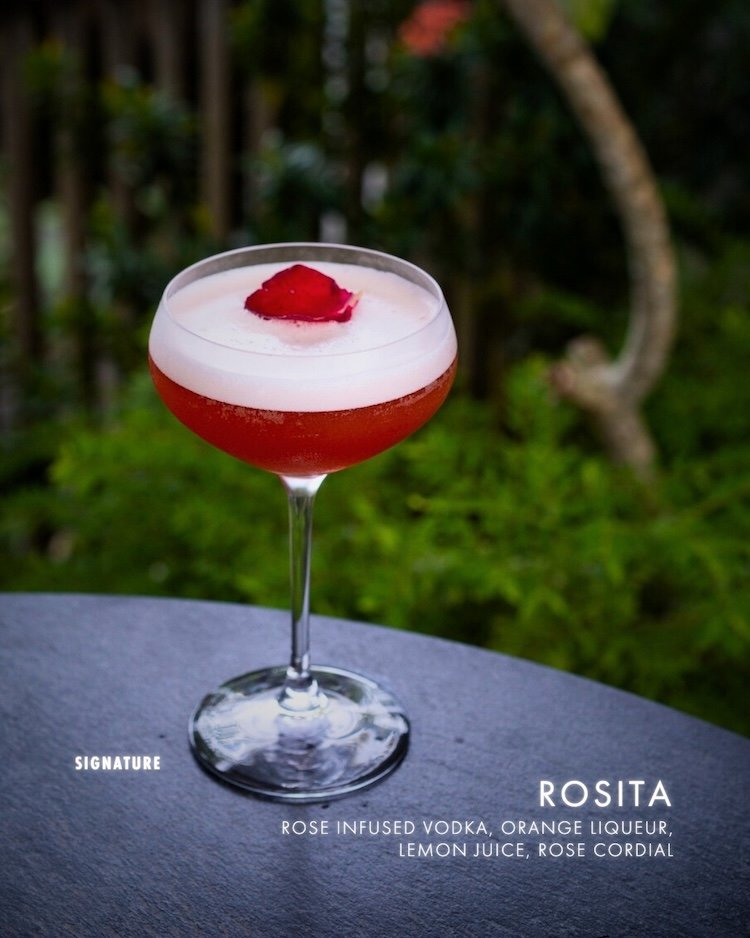 A cocktail glass filled with a red and white layered drink garnished with a rose petal, set on a dark surface outdoors with greenery in the background.