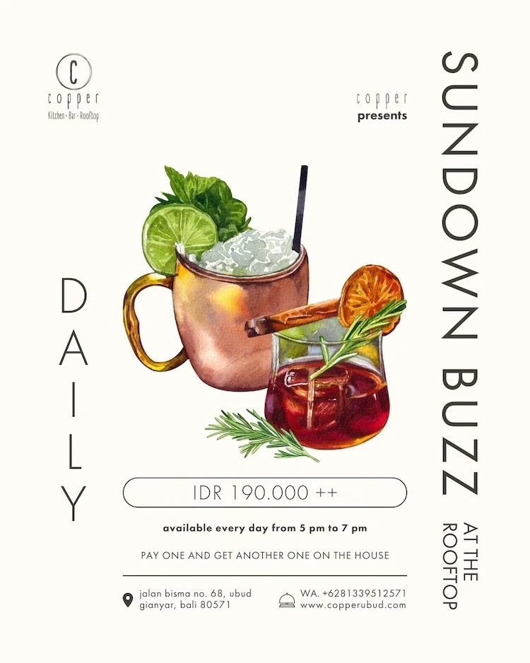 Digital flyer advertisement for a sunset buzz drink special at Copper Rooftop Lounge, featuring an illustration of a cocktail with lime, mint, and an orange slice, with text detailing the daily happy hour from 5 pm to 7 pm and promotion details in Bali.