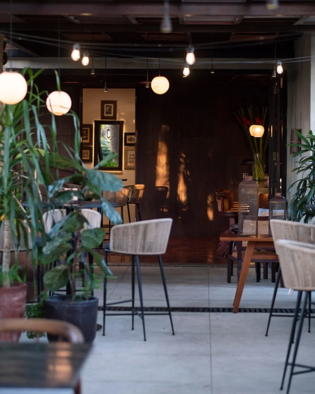 A cozy, modern restaurant or cafe with wooden accents, seating with woven chairs, potted plants, warm lighting, and framed art on the walls.