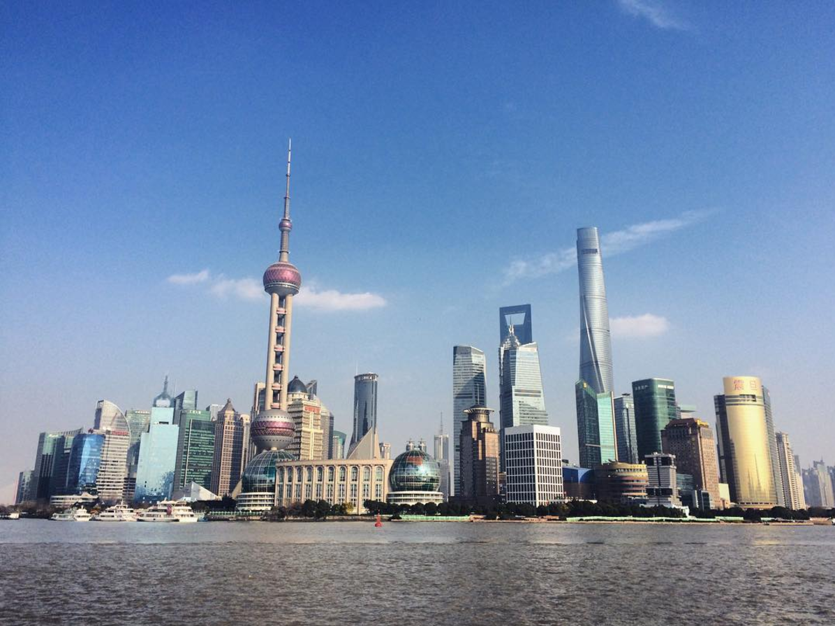 Checking out the Pudong cityscape in Shanghai