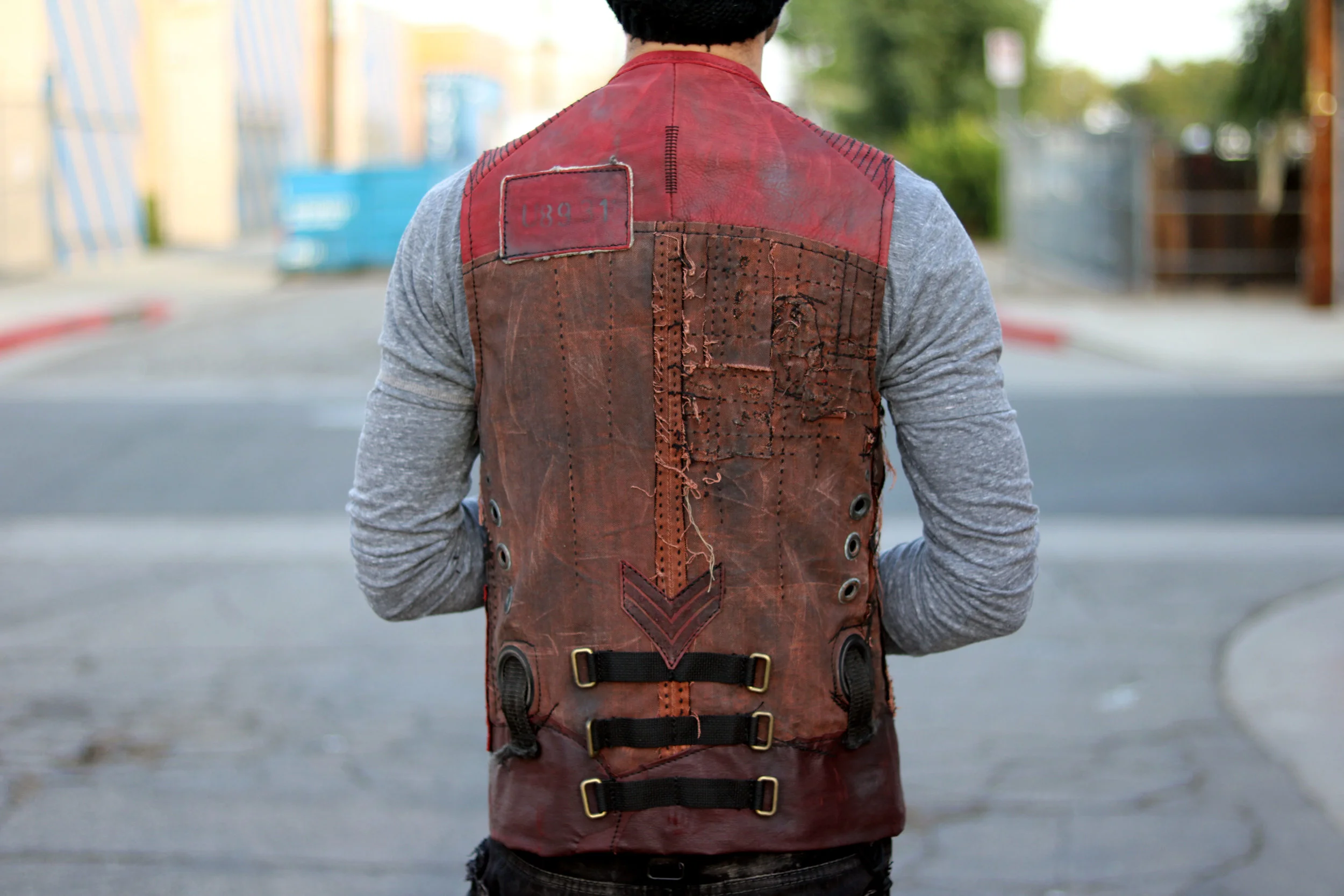 Red Leather and Denim Vest — Bone Black LA