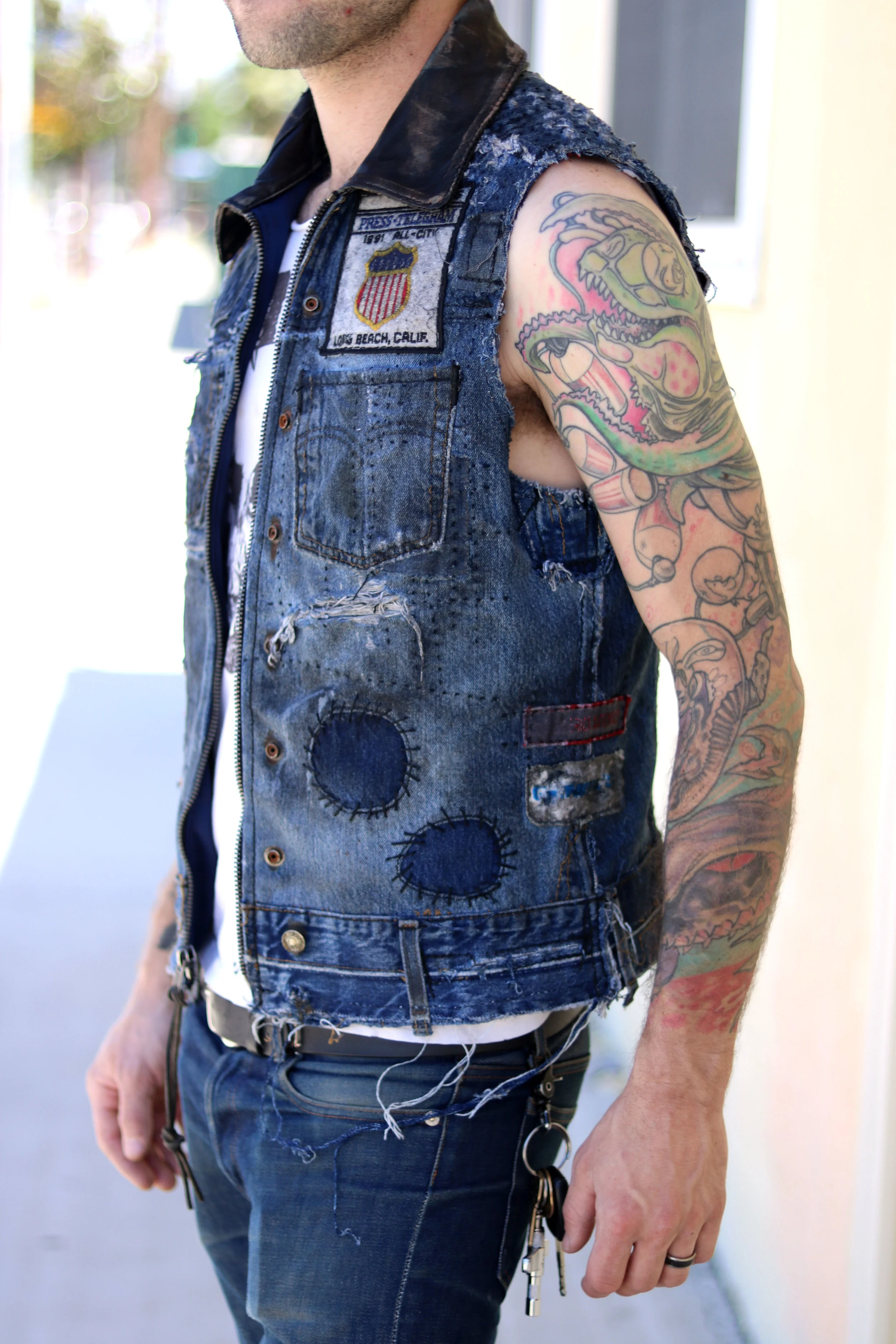 Patch Denim Vest — Bone Black LA