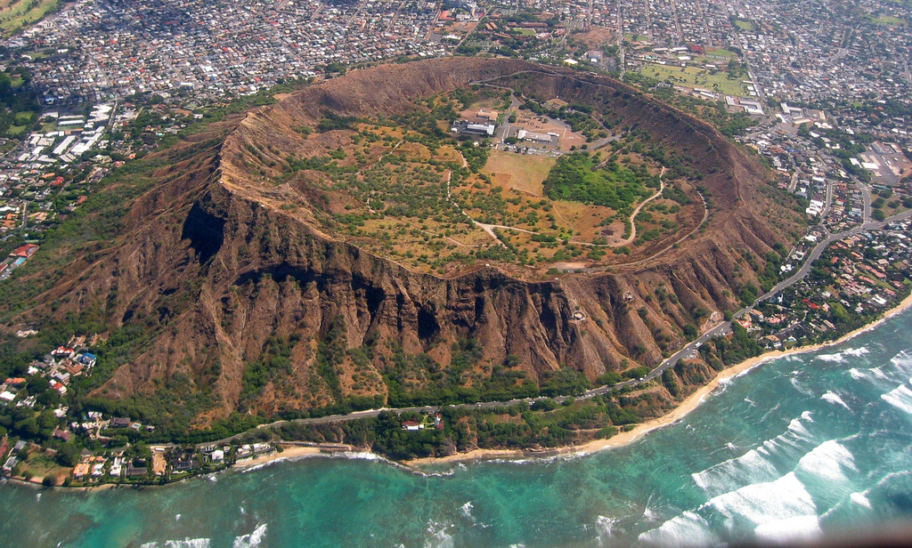 The 100,000 year old Diamond Head crater on Oahu.
