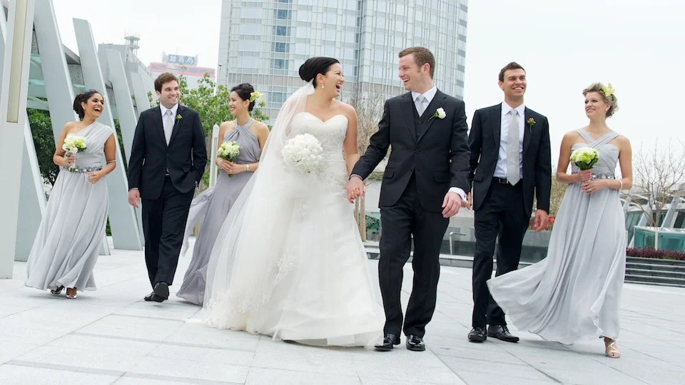 Hong Kong wedding party walking on top of IFC