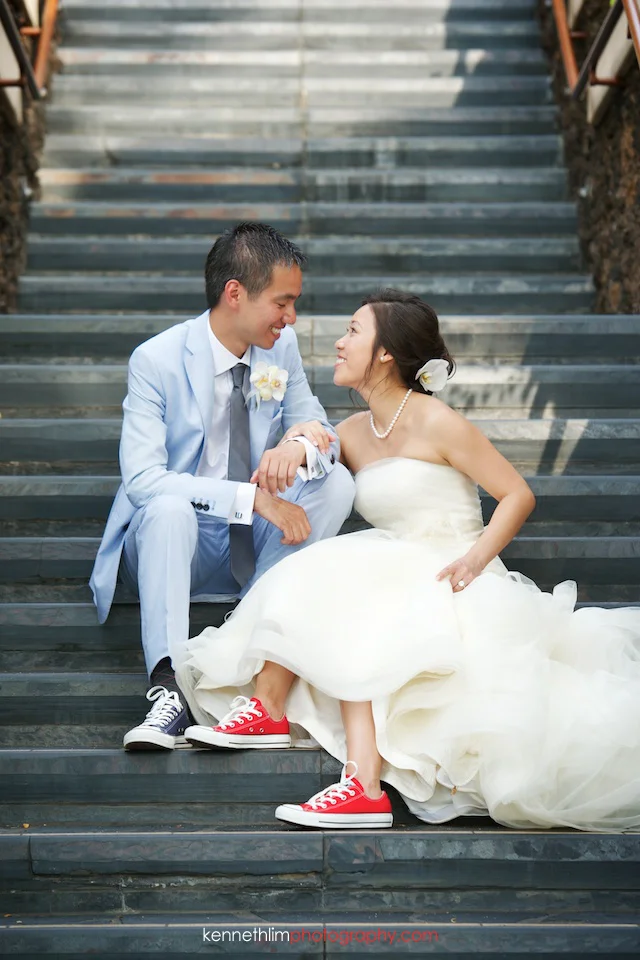 Kona Hawaii US Wedding outdoor portrait session bride groom sitting on steps