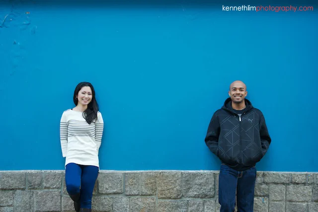 Hong Kong Midlevels engagement photoshoot session portraits couple in front blue wall