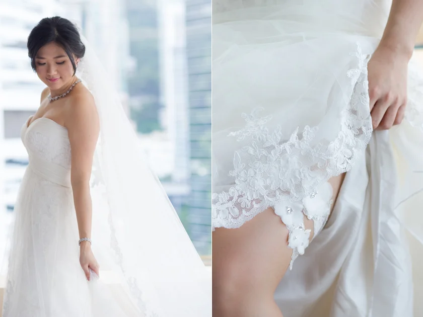 Hong Kong Wedding Photography Discovery Bay Auberge White Chapel bride in dress looking down smiling