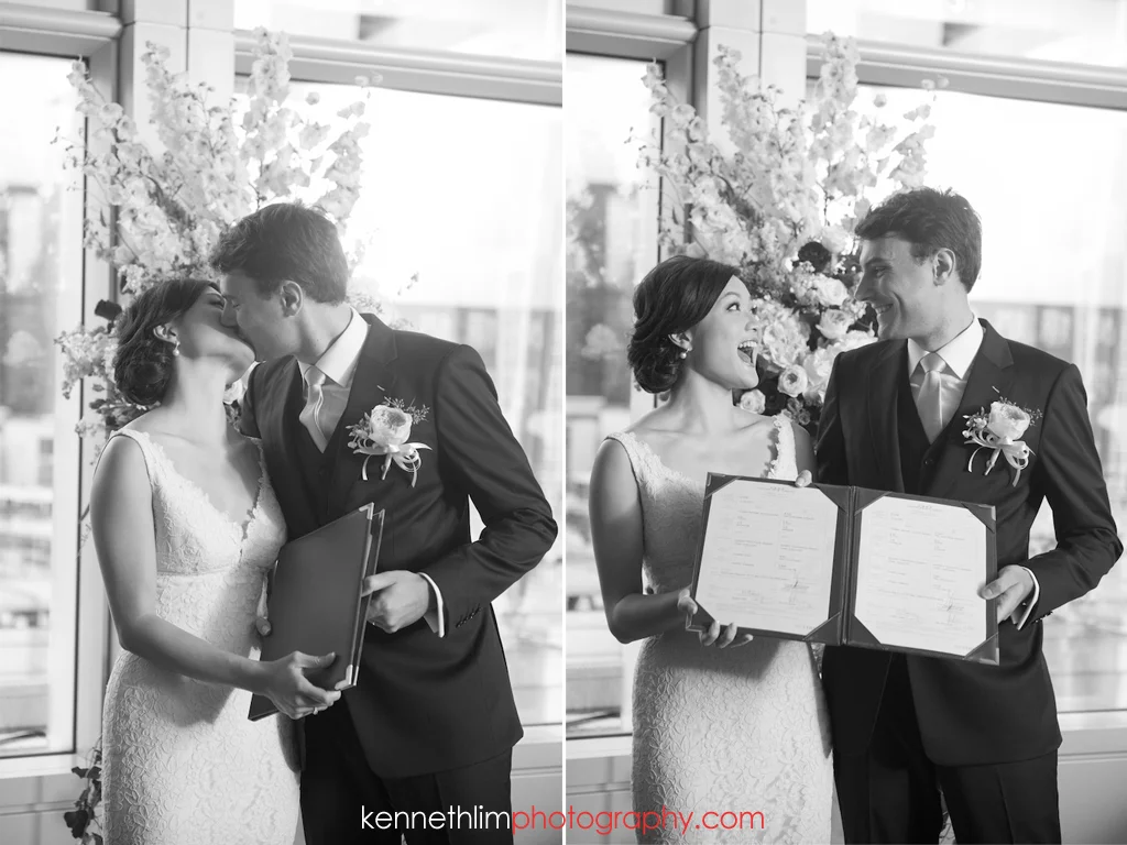 Hong Kong wedding photography IFC Cuisine Cuisine Central wedding ceremony bride and groom first kiss after ring exchange laughing with excitement